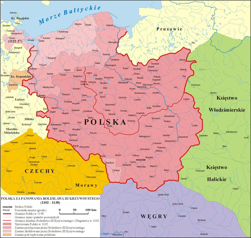 Mapa Księstwa polskiego z dzielnicami Zbigniewa i Bolesława
